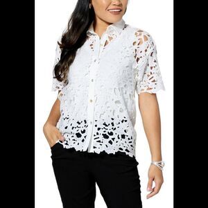 WynneCollection Women's Abstract Floral Lace Top Cloud - Regular